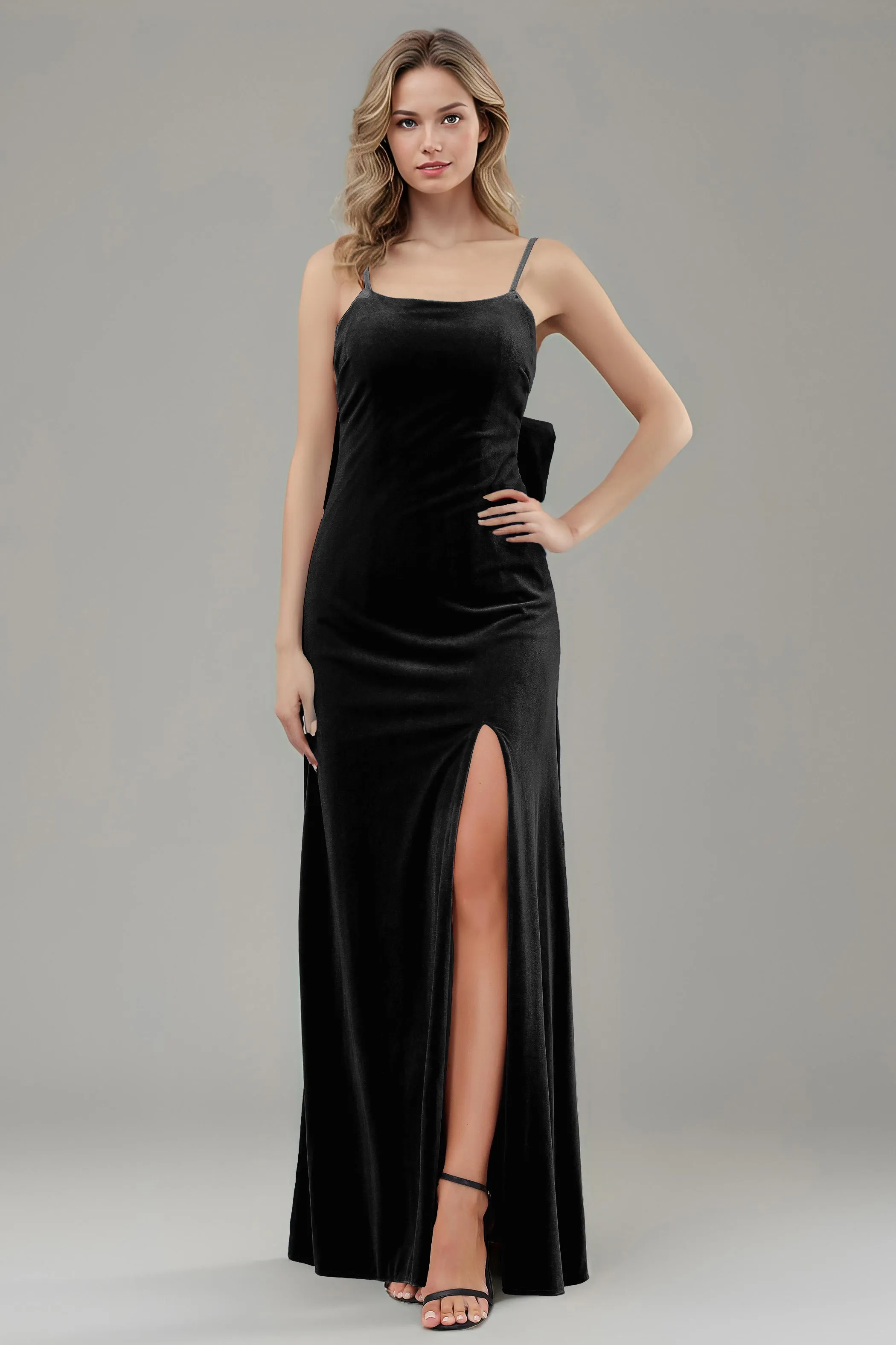 Velvet Spaghetti Straps Backless Bridesmaid Dresses with Bowknot