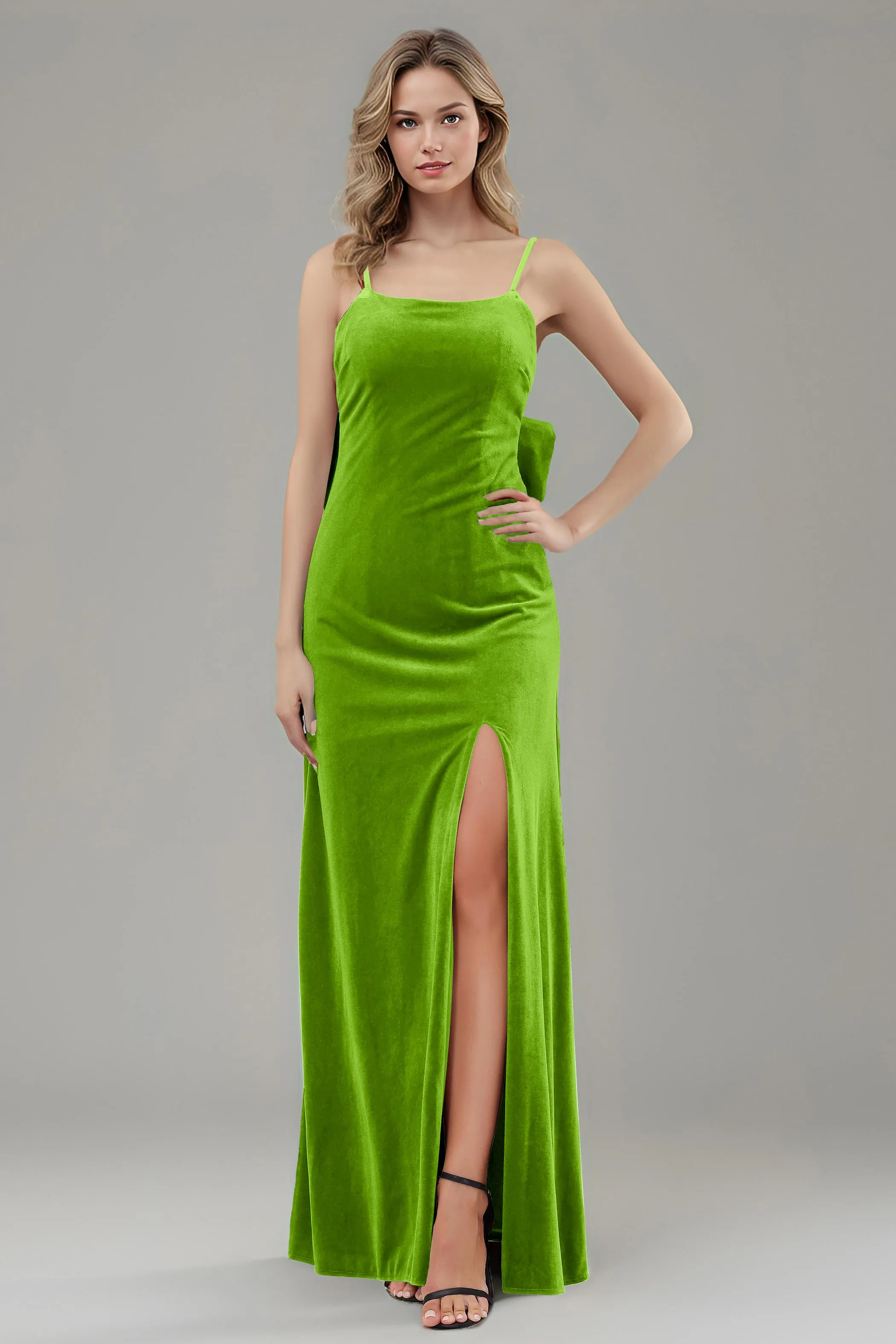 Velvet Spaghetti Straps Backless Bridesmaid Dresses with Bowknot