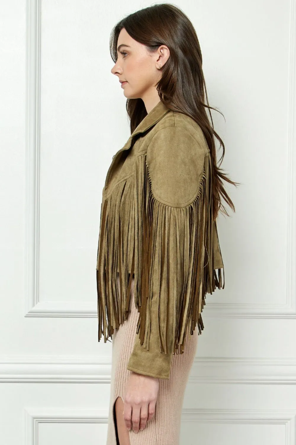 Veveret® Suede Fringe Long Sleeve Moto Jacket