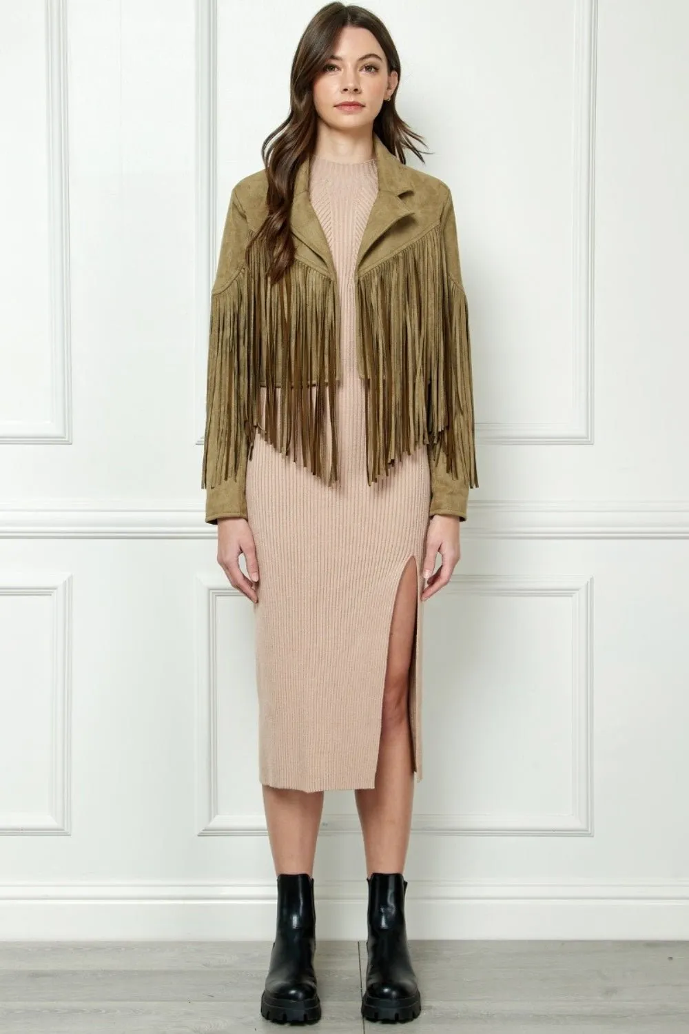 Veveret® Suede Fringe Long Sleeve Moto Jacket