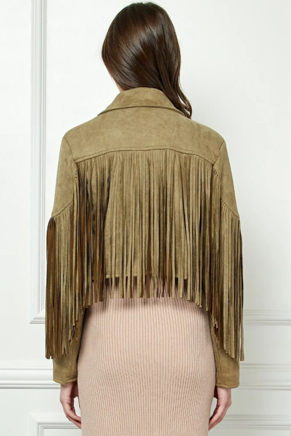 Veveret® Suede Fringe Long Sleeve Moto Jacket