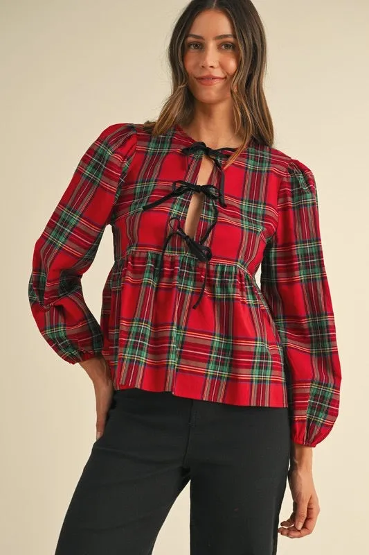 Vivi Velvet Bow Plaid Peplum Top