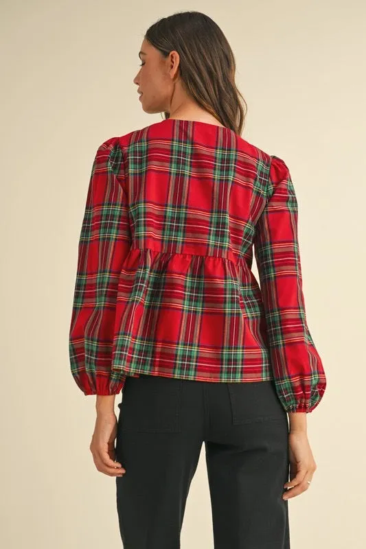 Vivi Velvet Bow Plaid Peplum Top