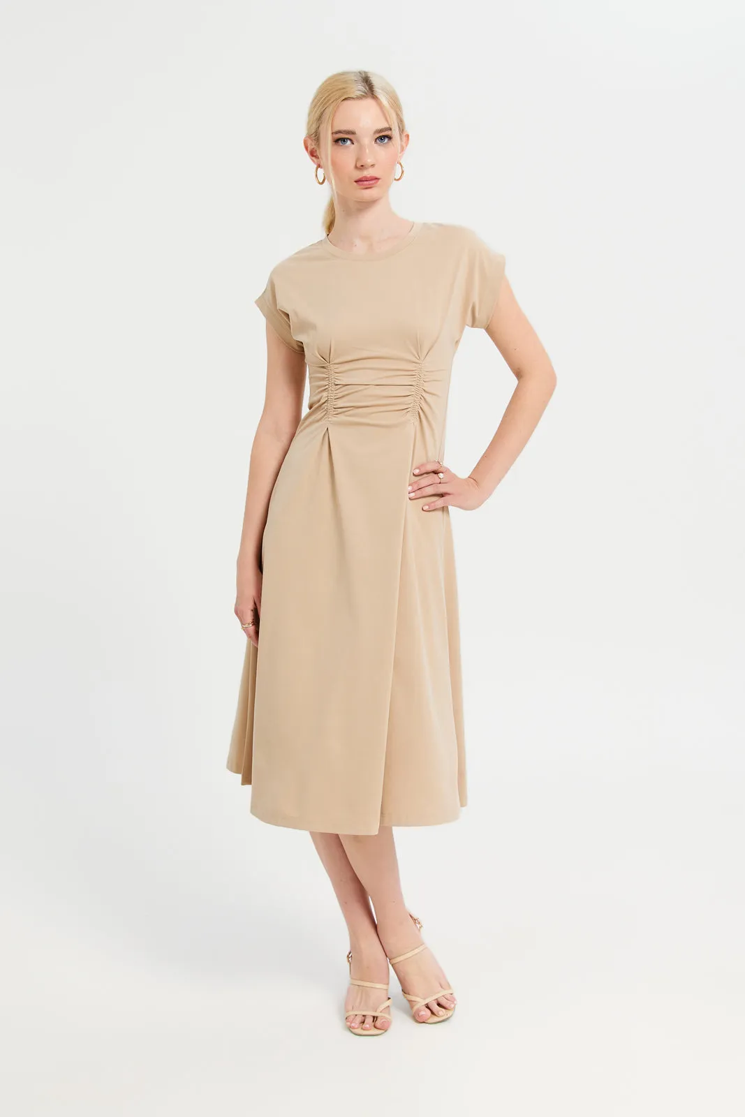 Women Beige A-Line Waist Elastic Detailed Dress