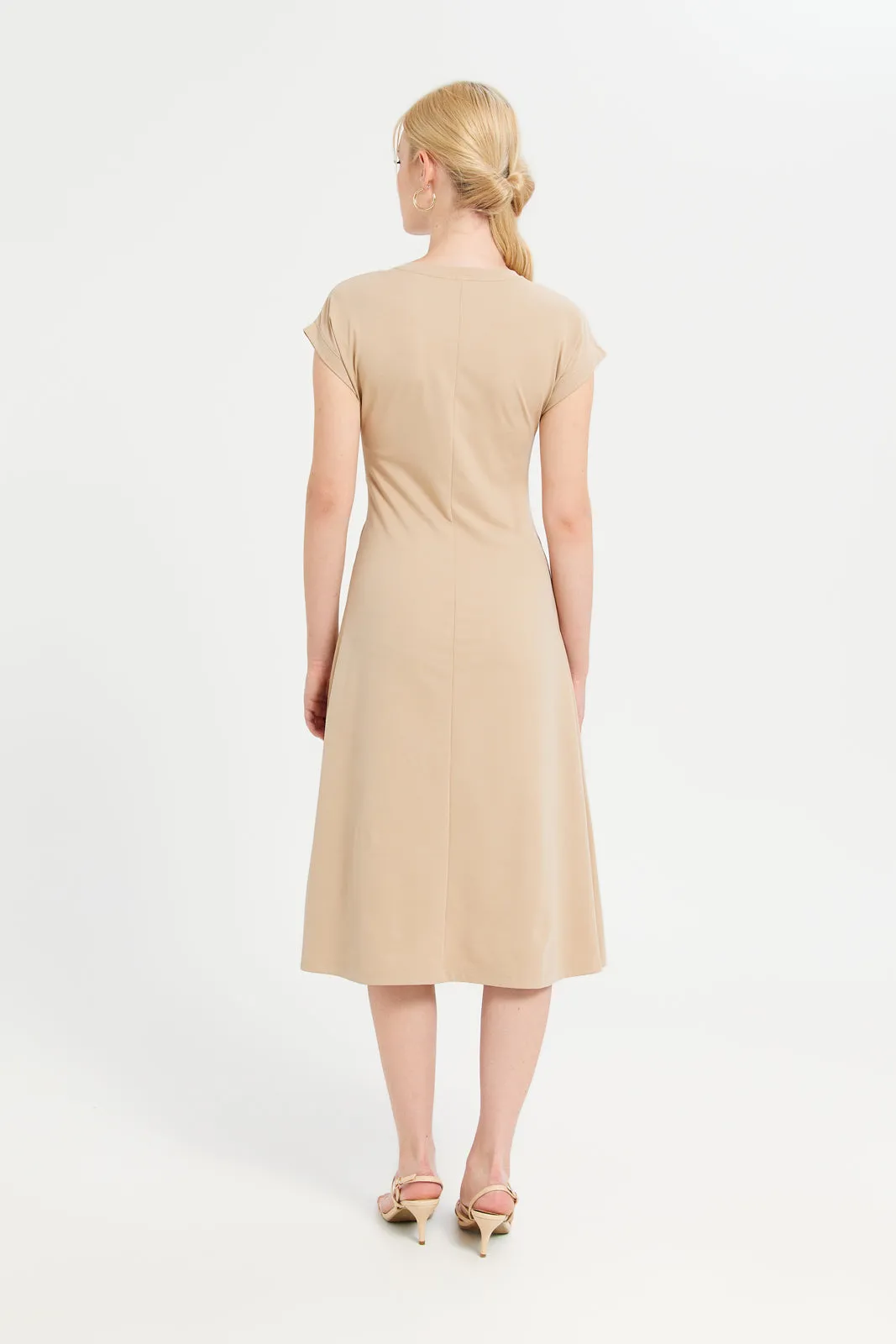 Women Beige A-Line Waist Elastic Detailed Dress