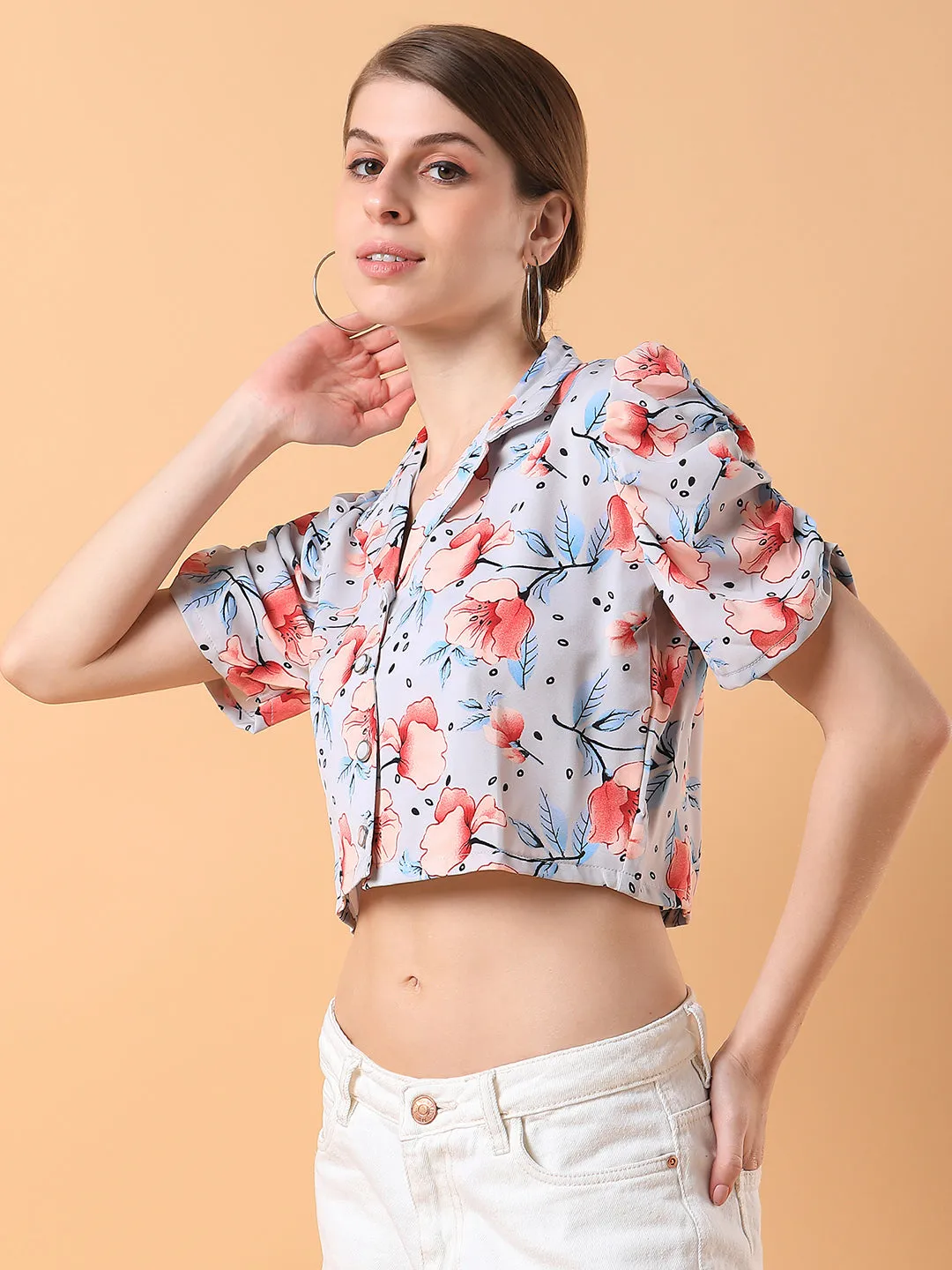 Women Floral Grey Blouson Crop Top