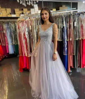 Women Long Silver Lace Sleeveless A-Line Prom Dresses