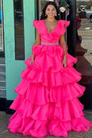 Zoey | Hot Pink V-Neck Ruffle Tiered Long Prom Dress with Beaded Waist